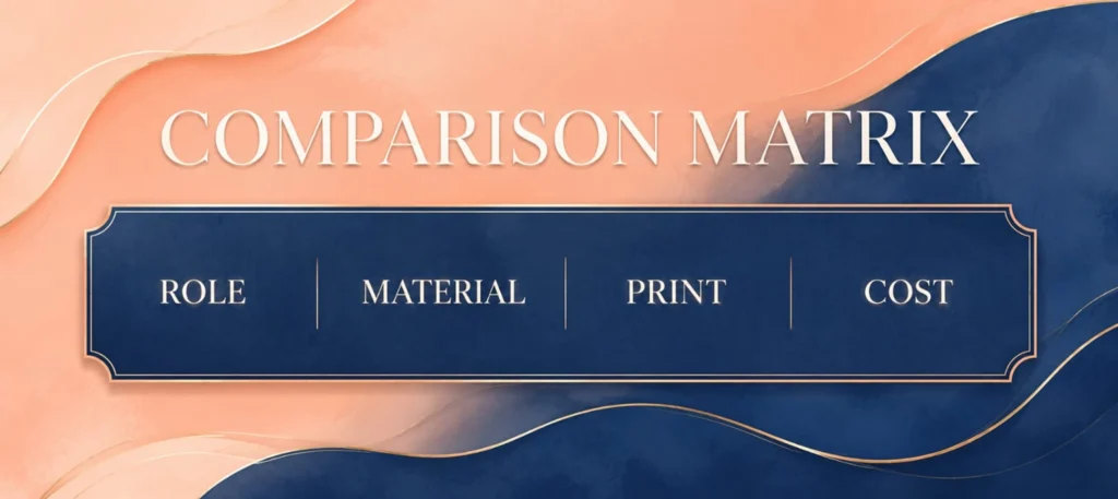 Comparison matrix role, material, print, cost