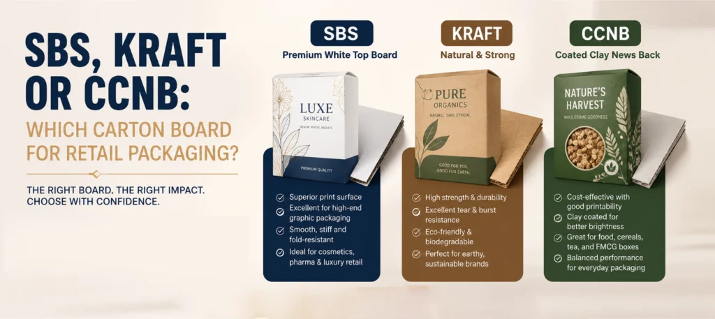 SBS, kraft or CCNB which carton board for retail packaging