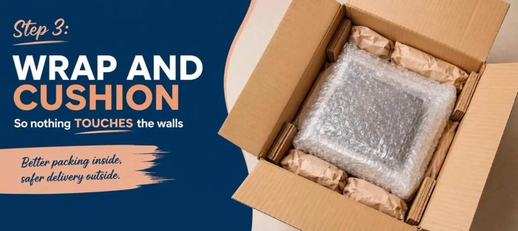Step 3: Wrap and cushion so nothing touches the walls
