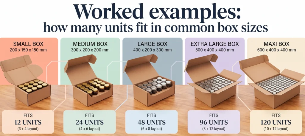 Worked example how many units fit in common box sizes