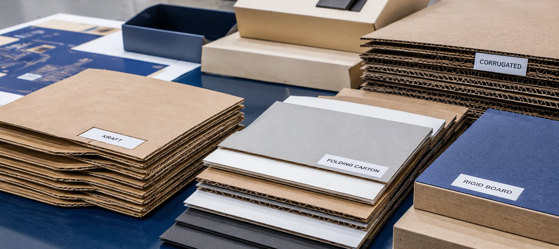 Kraft, corrugated, folding carton and rigid packaging material samples